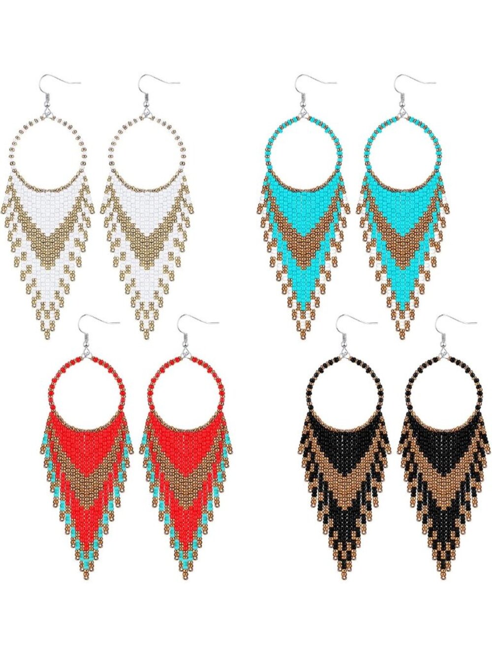 Boho Long Tassel Beaded Earrings - 4 Pairs Elegant Colorful Statement Jewelry
